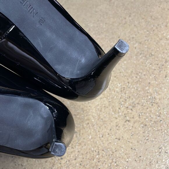 Nine West "Gilded" Black Patent Faux Leather Open Toe Platform Heels sz 8 - Picture 12 of 16